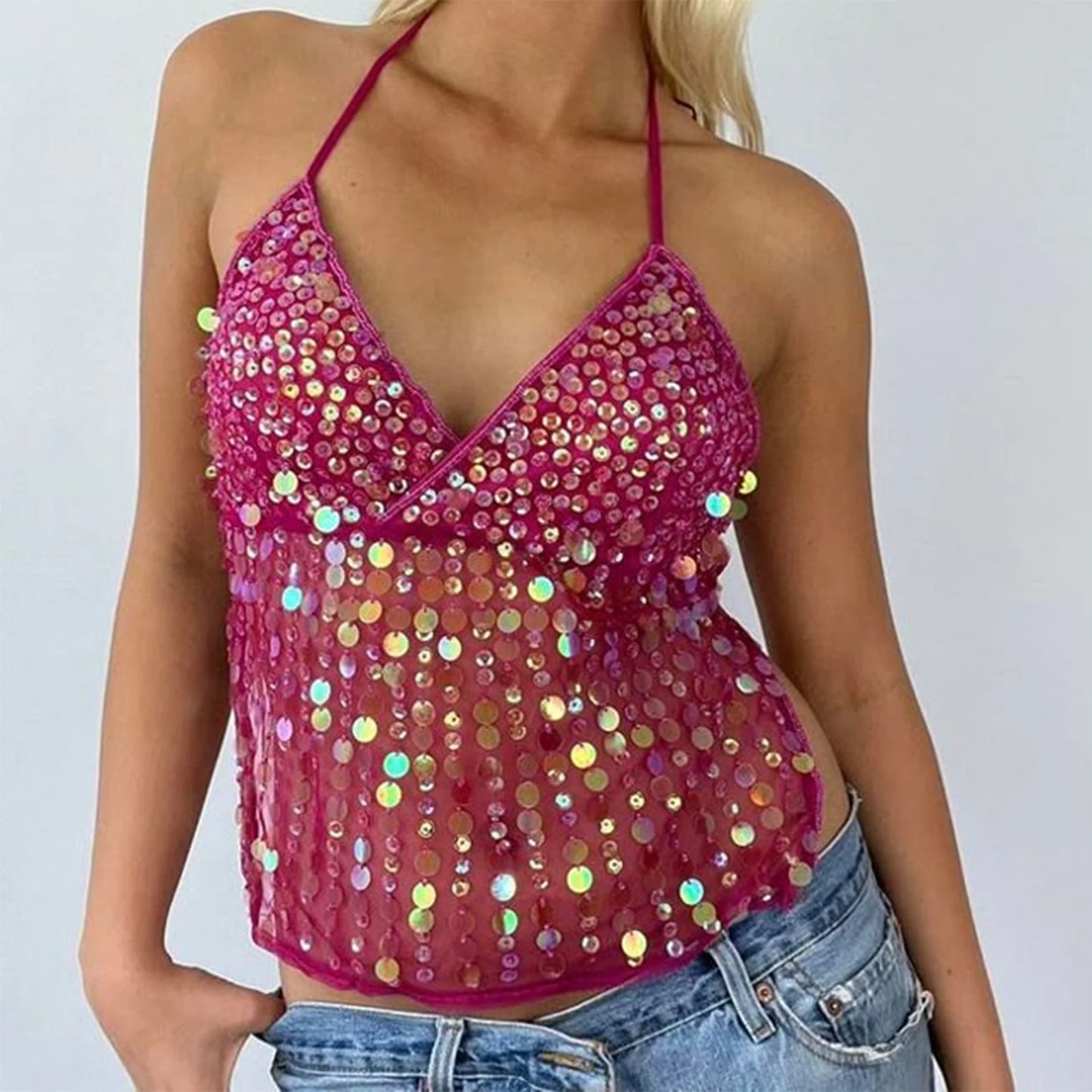 JASMINE Sequin Halter Deep V Neck Top