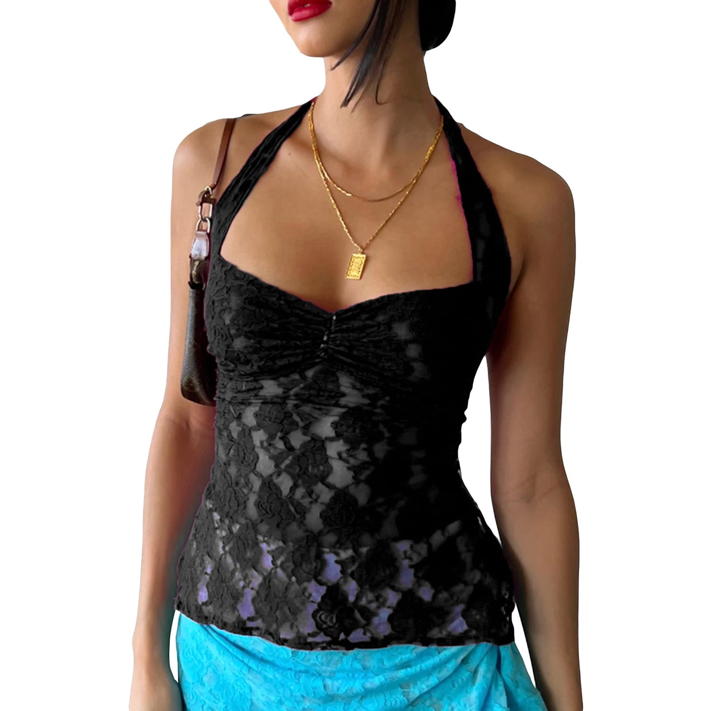 Mesh Lace Halter Neck Cami Top