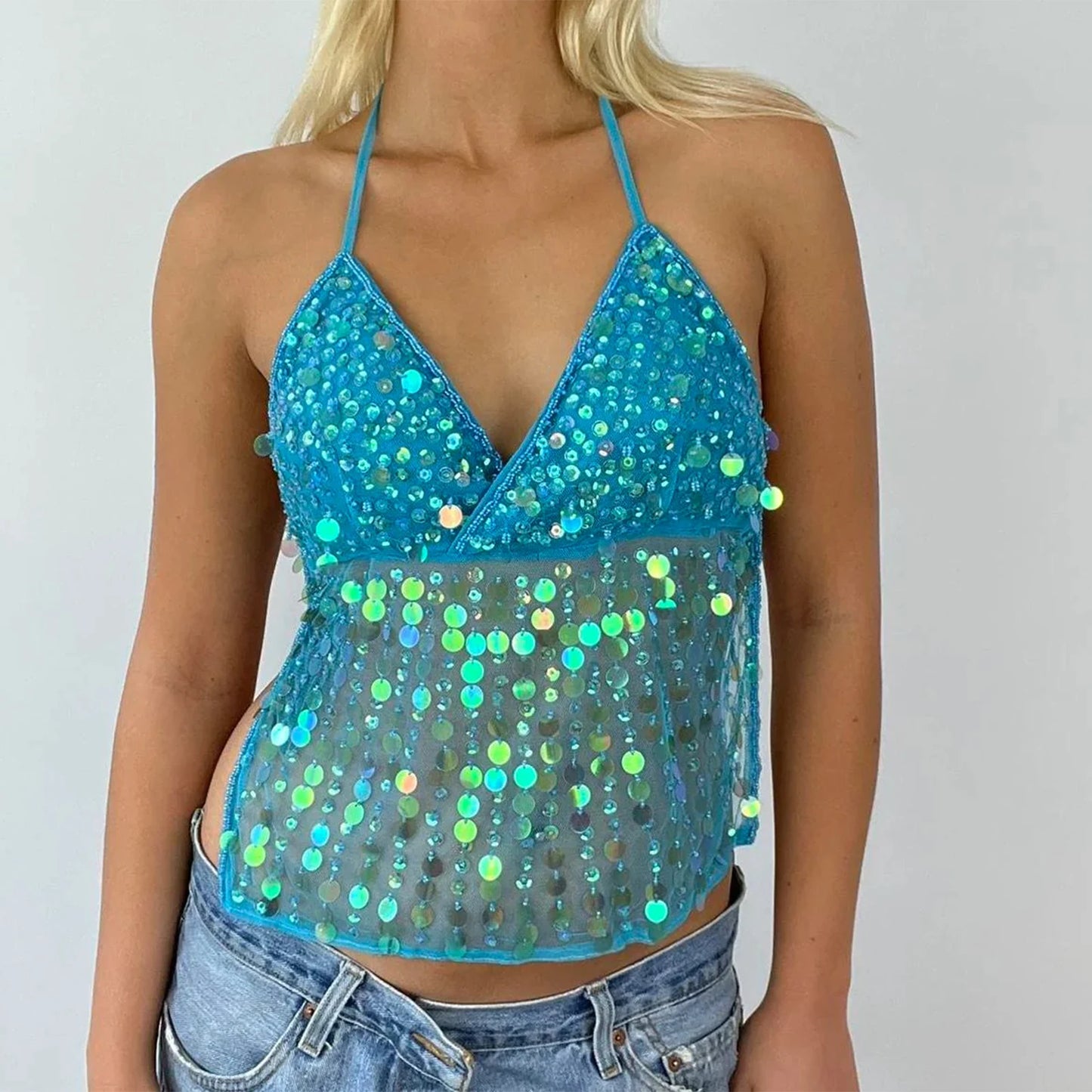 JASMINE Sequin Halter Deep V Neck Top