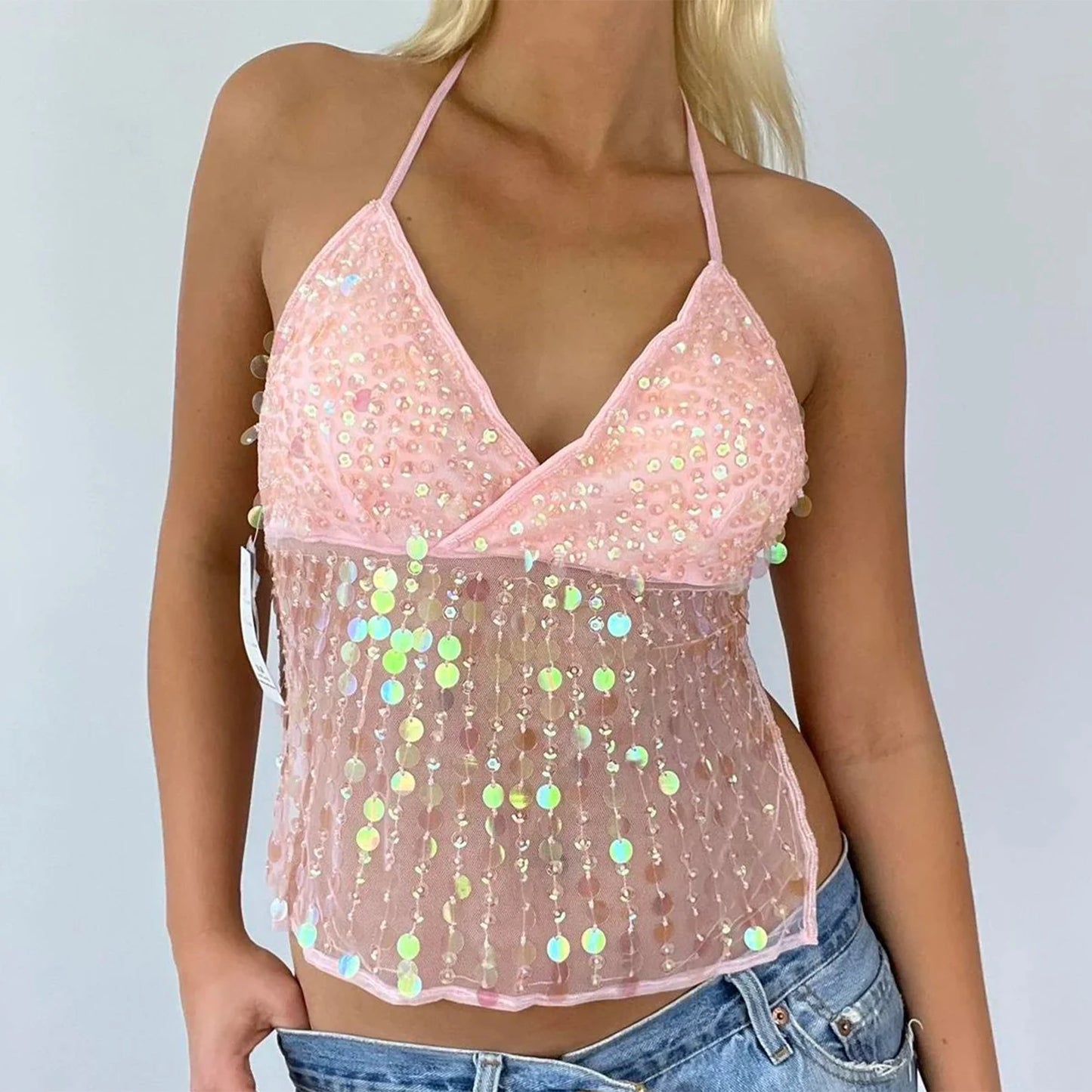 JASMINE Sequin Halter Deep V Neck Top