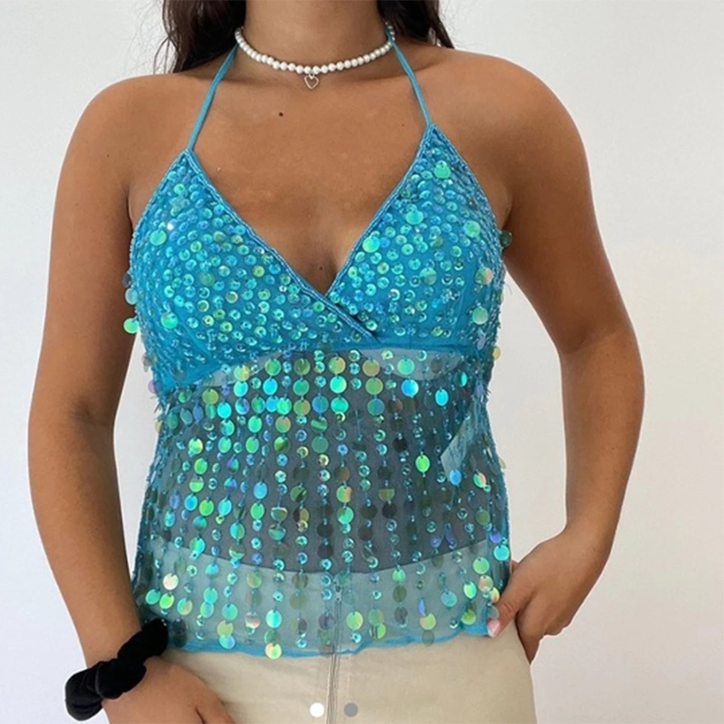 JASMINE Sequin Halter Deep V Neck Top