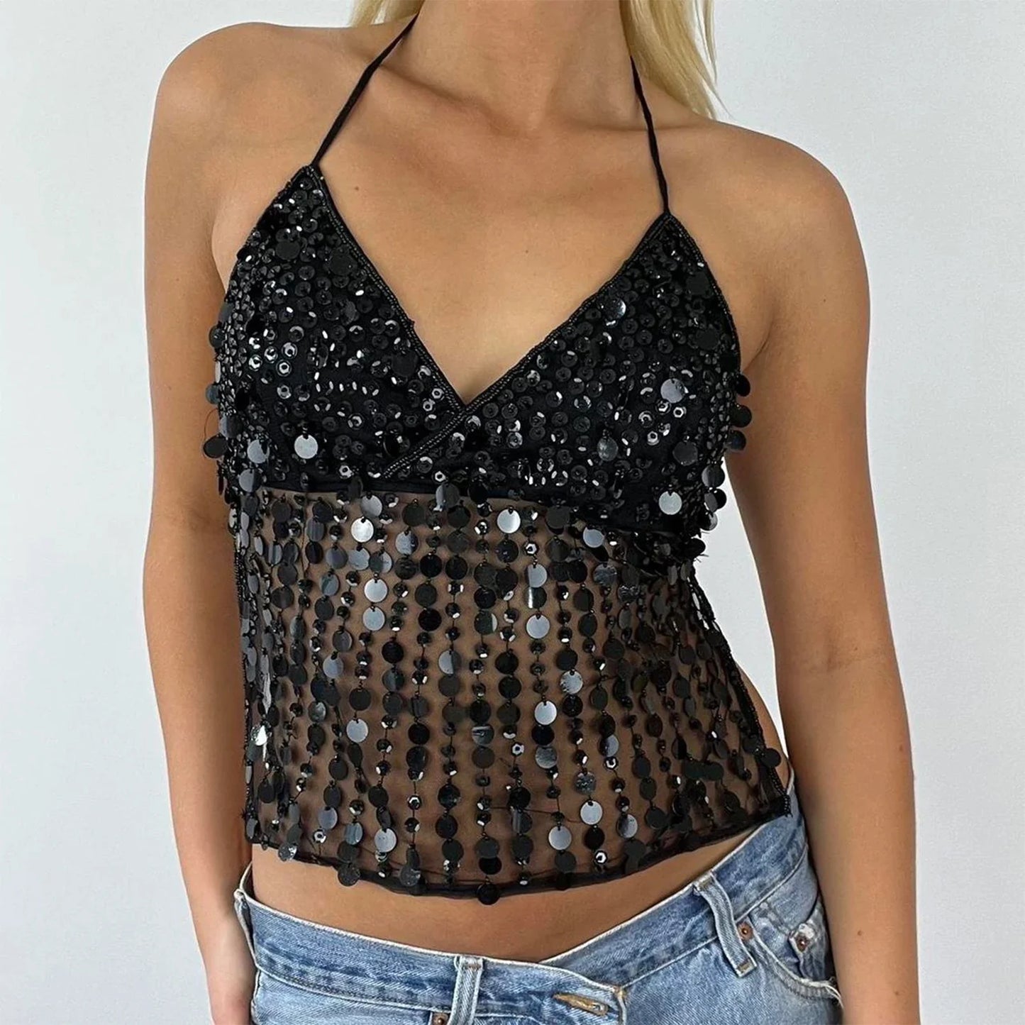 JASMINE Sequin Halter Deep V Neck Top