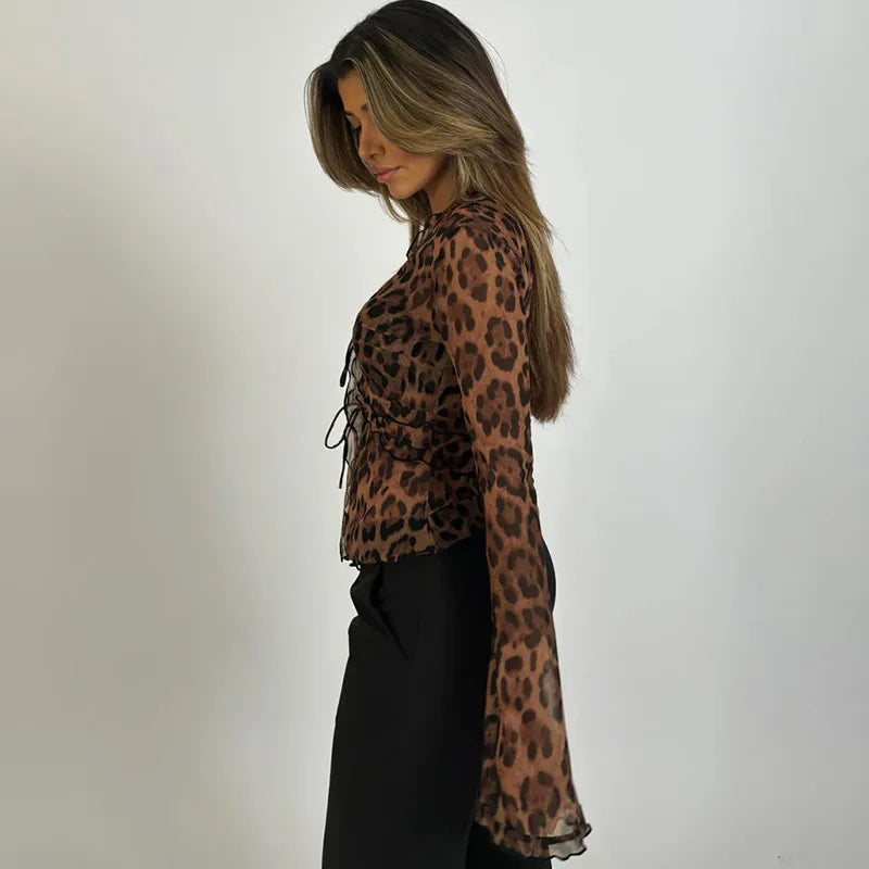 Leopard Print Mesh Flare Sleeve Top