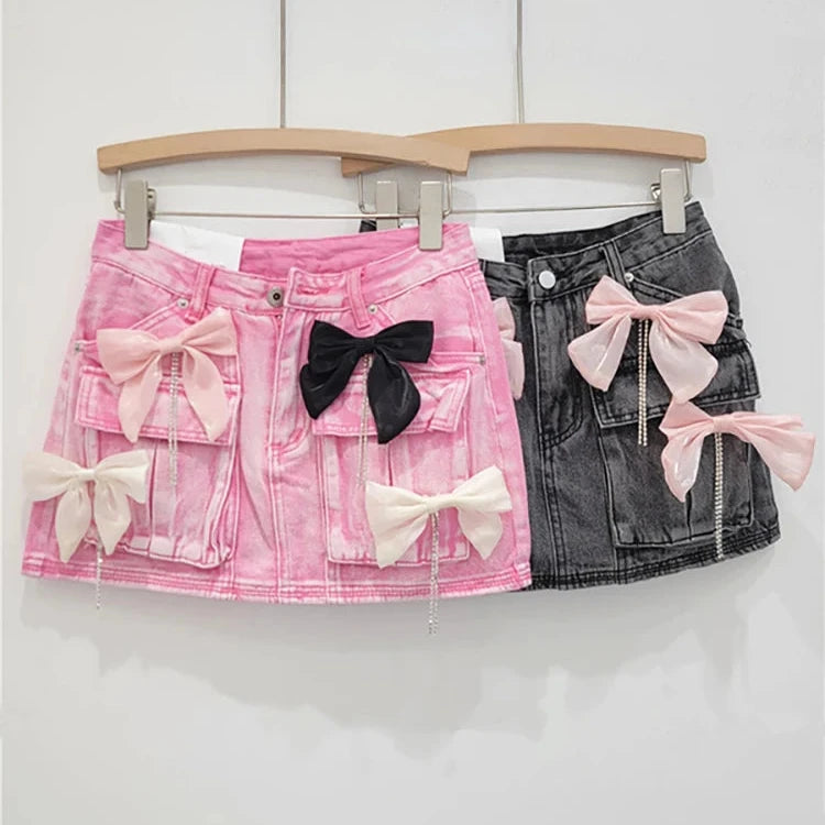 Pearl Bow Tassel Denim Mini Skirt