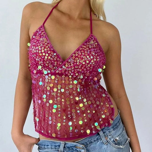 JASMINE Sequin Halter Deep V Neck Top