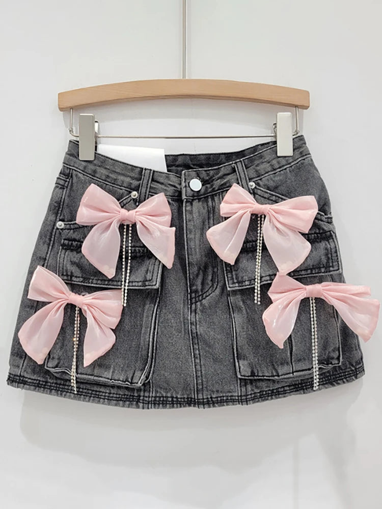 Pearl Bow Tassel Denim Mini Skirt