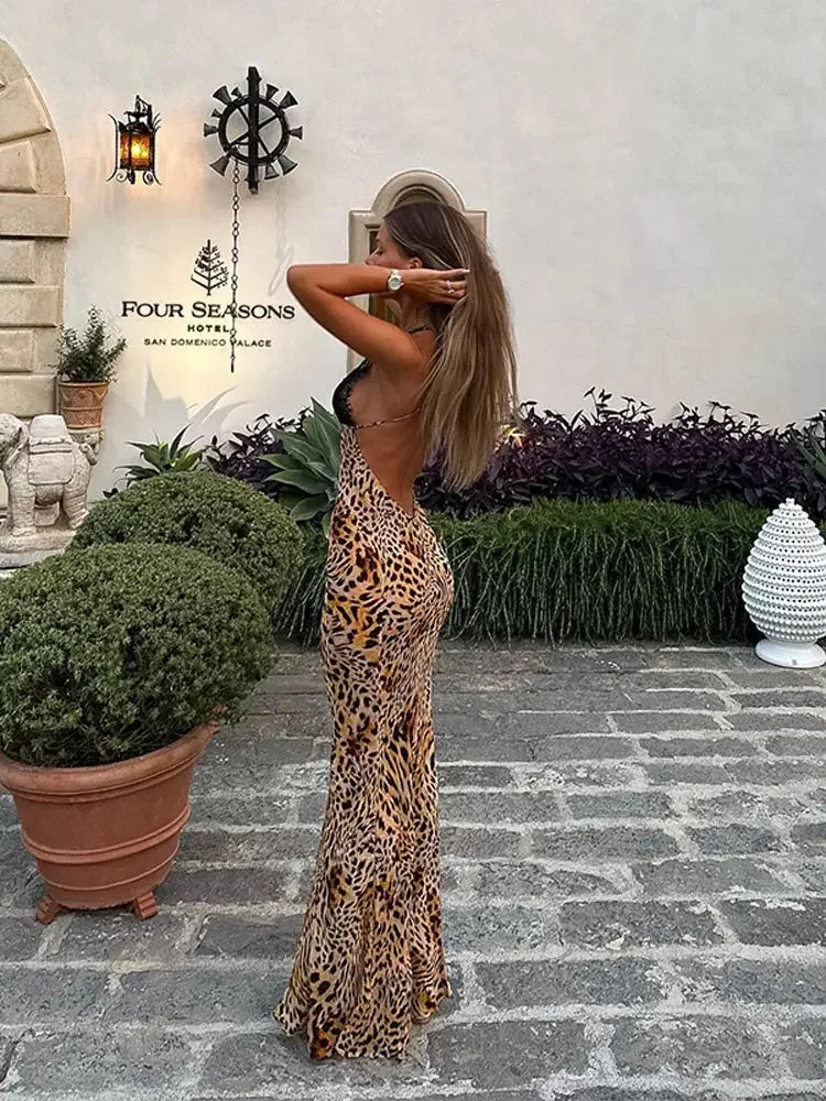 ZARA Lace Leopard Print Halter Maxi Dress