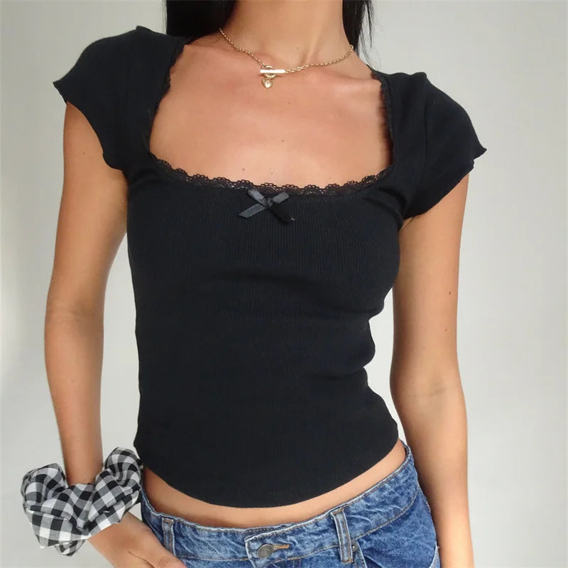 Lace Trim Square Collar Top