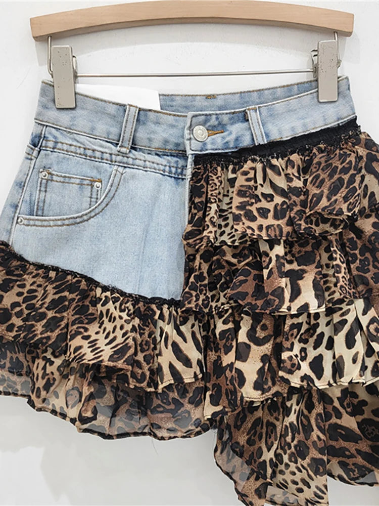 Leopard Print Asymmetric Tassel Denim Mini Skort