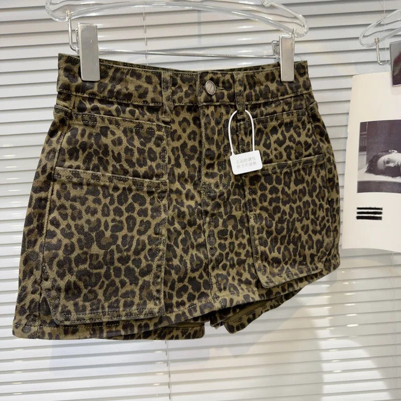 Leopard Print Denim Skort