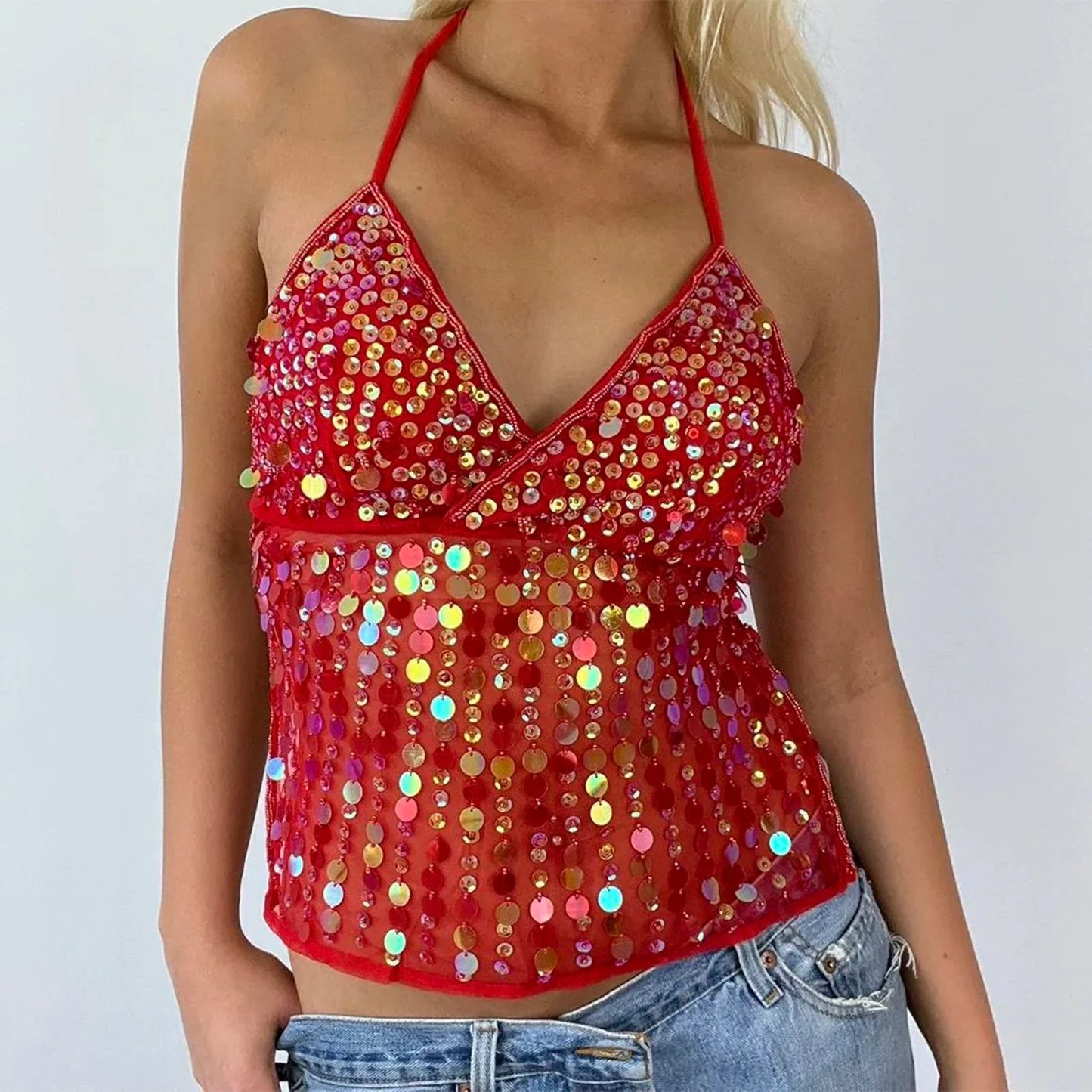 JASMINE Sequin Halter Deep V Neck Top