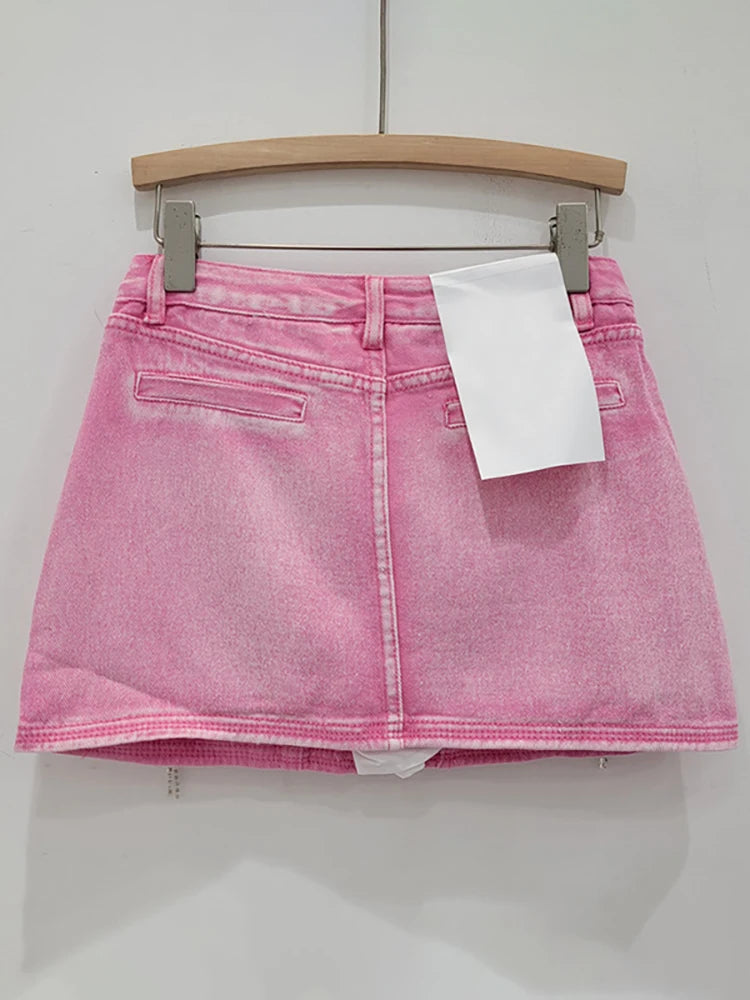 Pearl Bow Tassel Denim Mini Skirt