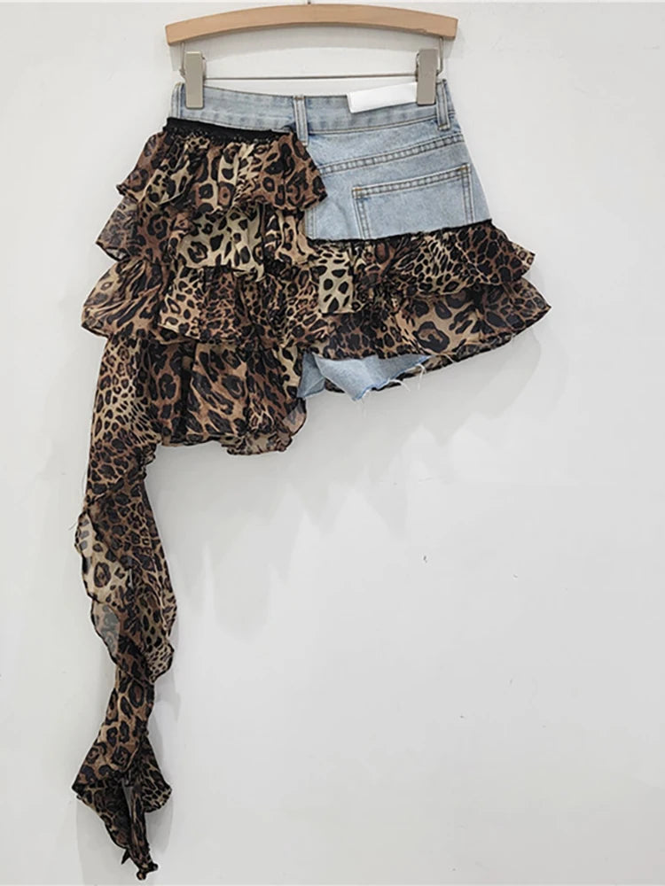 Leopard Print Asymmetric Tassel Denim Mini Skort