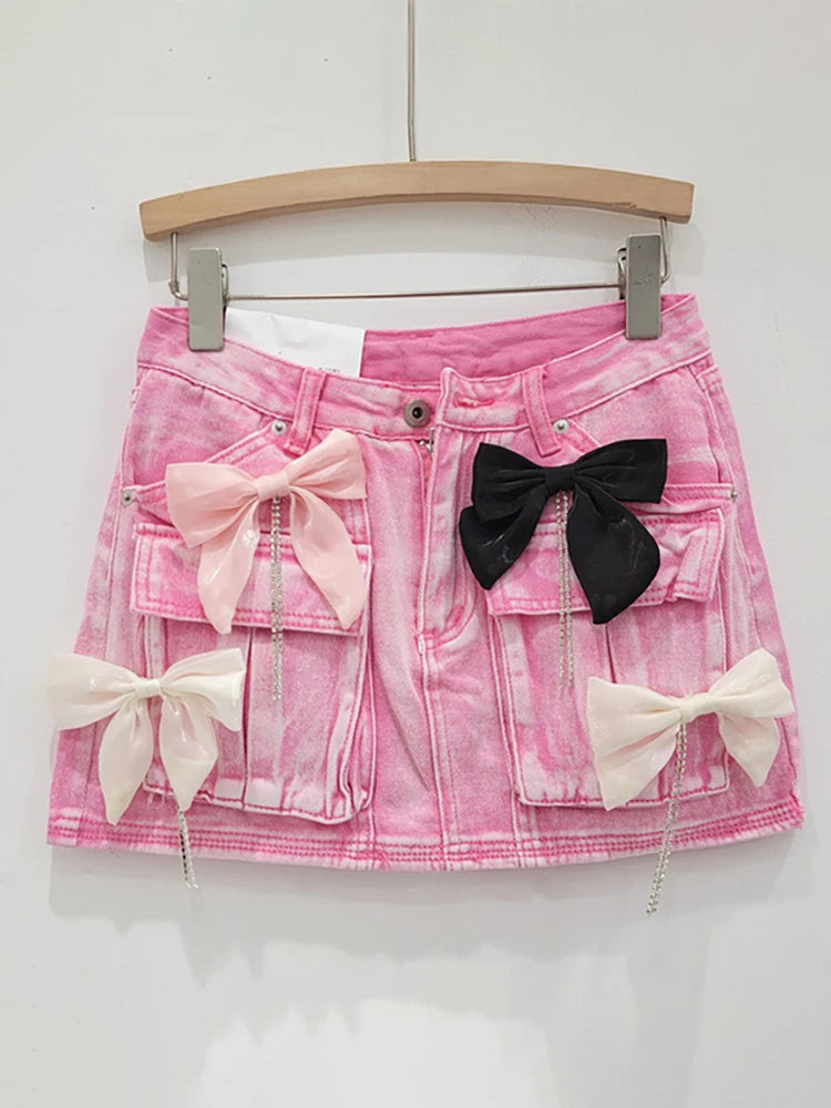 Pearl Bow Tassel Denim Mini Skirt