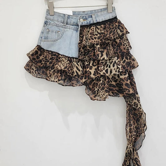 Leopard Print Asymmetric Tassel Denim Mini Skort