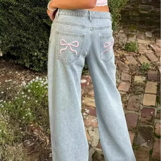 Wide Leg Bow Embroidered Jeans