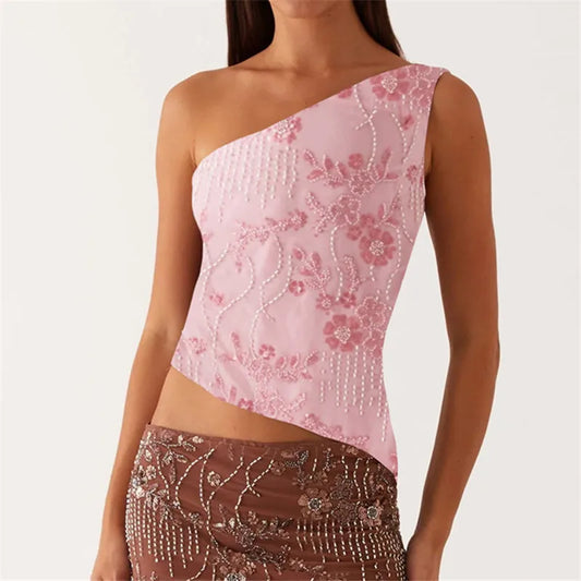 Asymmetric One Shoulder Floral Embroidered Top
