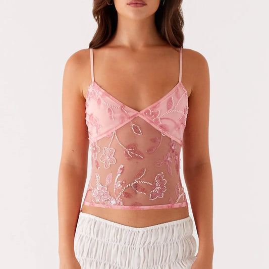 Sheer Backless Beaded Camisole Top